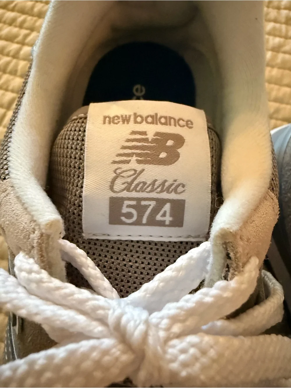 New Balance 574 Taupe Gray and White Mesh Suede Sneakers